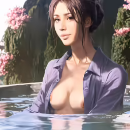 a girl is posing for a photo in the water
