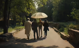 people walking up a dirt path under an umbrella