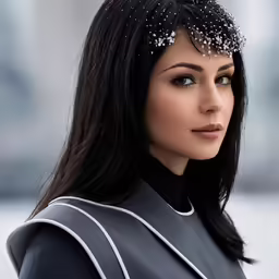 a woman with black hair wearing silver and black clothing