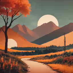 a river runs through a grass field near mountains,the image shows a scenic scene of mountains with trees