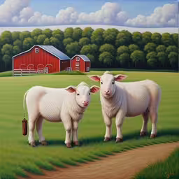 two cows on the grass near a red barn,two sheep standing together in a field with a barn in the background