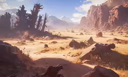 a computer generated painting of a desert with tall trees