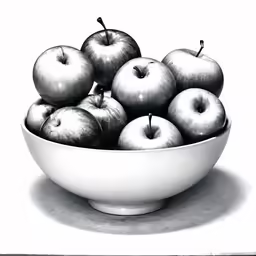 pencil drawing of several apples in a bowl