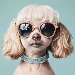 a dog wearing glasses with one eye and part of its nose covered by beads