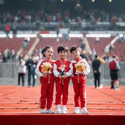three young children with their own snacks at a sports game