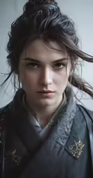 a woman in an asian style uniform is staring at the camera