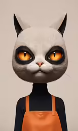 a cartoon character wearing a brown apron with big yellow eyes