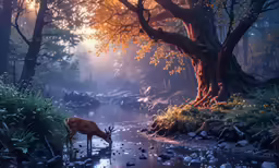 a deer drinks from a river surrounded by trees