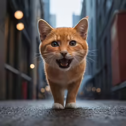 an orange cat with the mouth open, standing on the street