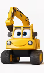 a yellow excavator has eyes and one eye are facing up