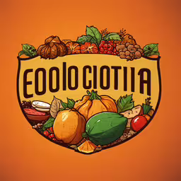 an orange colored image of different types of fruits and vegetables,an odd colored label with a logo for a food company