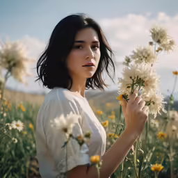 a woman in white is holding a bunch of flowers
