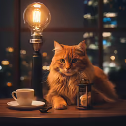 an orange cat sitting on a table with a light bulb next to it