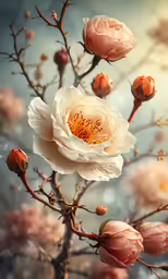 there are three blooming white flowers with very thin buds