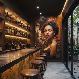 there is an image of a woman on the wall behind bar stools