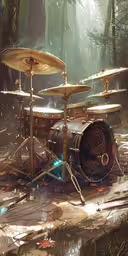 a drum kit on a rainy night with lots of trees in the background,a set of drums with some lighting reflecting off of them