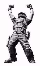 an army man posing for the camera with his arms raised