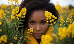 a woman with a scarf around her neck in a field of flowers
