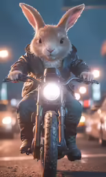 a rabbit on a motorcycle in the city at night