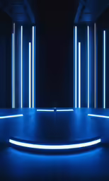 an empty dark room with columns and neon lights