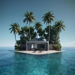 a small cottage with two chairs on an island in the middle of the ocean