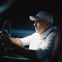 a man in white shirt and cap driving car