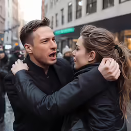 two people standing in front of a crowd with one pointing to the side