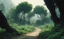 a dirt path running between trees and grass