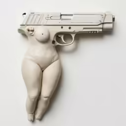 a porcelain woman holding a handgun for a picture