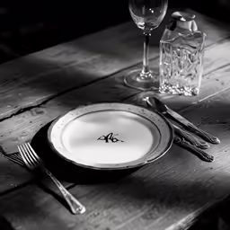 a table with an empty plate next to empty glasses and wine glasses
