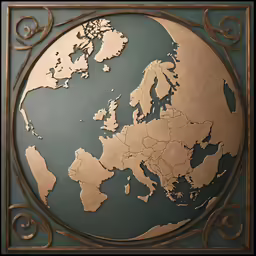 a world map hanging on the wall with metal swirl around it