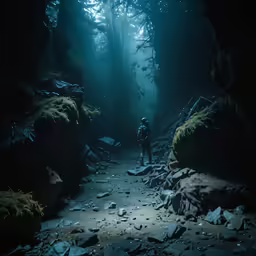 a person stands in the dark looking at trees