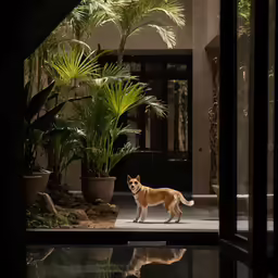 a dog is standing outside near a pool