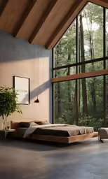 a large bedroom with a glass window looking outside