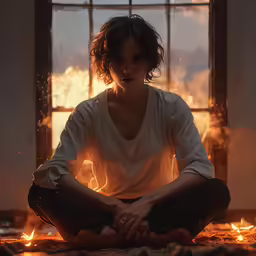 a woman sits on the ground in front of a window while burning cigarettes