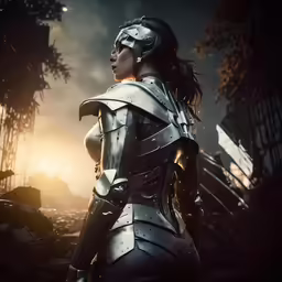 a woman in armor stands by the sunlight
