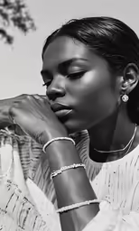 a beautiful black woman is posing with her hand on her face