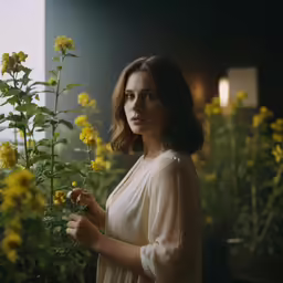 there is a woman holding a bouquet of flowers