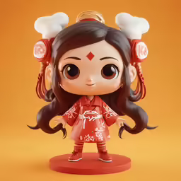 a pretty little doll with big eyes wearing an asian outfit