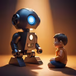 a small boy sits in front of a black robot