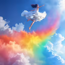 a beautiful woman with her dress flowing in the air