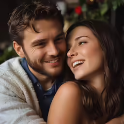 a couple smiling at the camera while sitting down