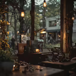 an outdoor market has many lamps, books and flowers
