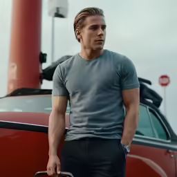 a young man holding a suitcase stands near a red car