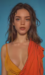 a woman in an orange top is staring at the camera