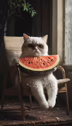 a cat is sitting on a chair holding a slice of watermelon