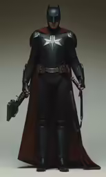 a man in an armor outfit and cape holding guns