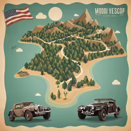 a painting of two jeeps driving next to a forest