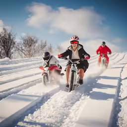 a group of people riding snow bikes on a trail