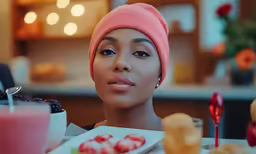 a woman with a pink hat is looking into the camera
